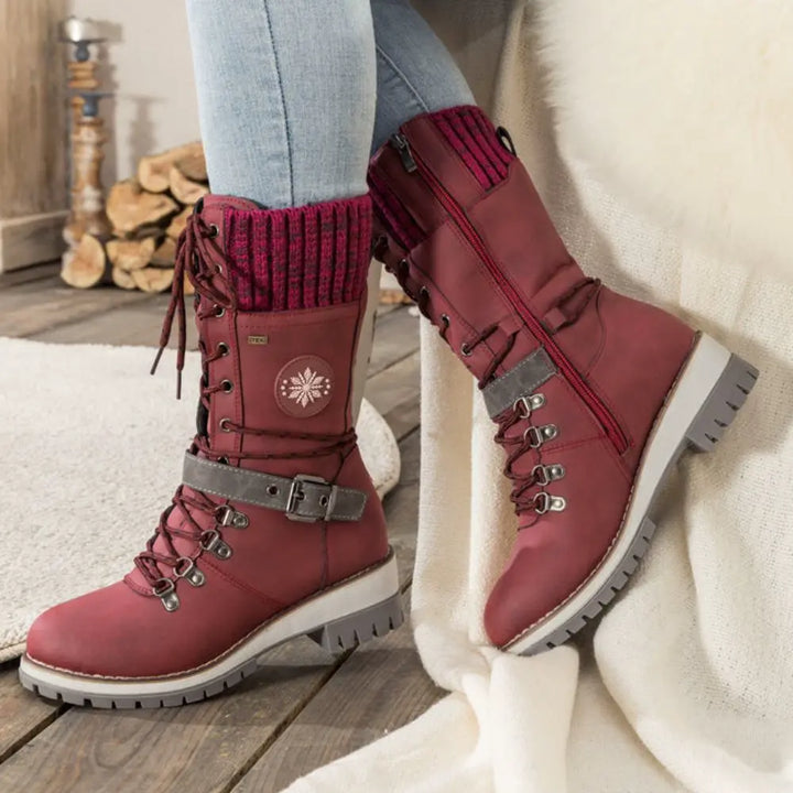 Women's Winter Lace-Up Snow Boots – Knit Cuff & Buckle – Anti-Slip Sole